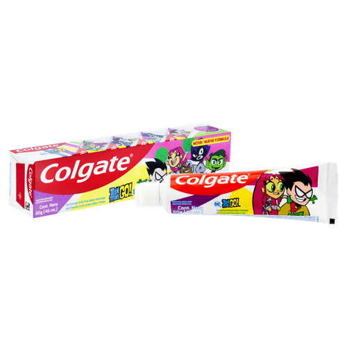 Gel dental infantil Teen Titans Colgate 60g Morango com flúor – Protege contra cáries