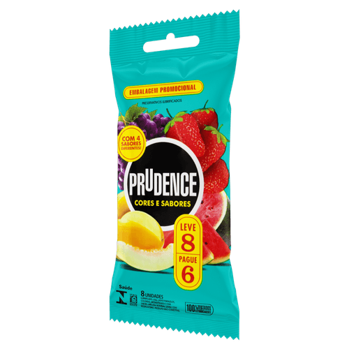 Preservativo Masculino Lubrificado Prudence Cores e Sabores Pacote Leve 8 Pague 6 Unidades