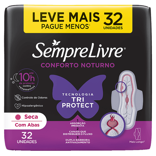 Absorvente Noturno Conforto com Abas Seco Fluxo Intenso 32un 70% natural Sempre Livre