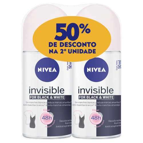 Desodorante antitranspirante feminino Roll-on Invisible Black & White Clear 2x50ml Nivea