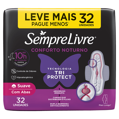 Absorvente noturno com abas Adapt Plus Noite e Dia 32 unid Cobertura Suave Sempre Livre