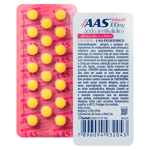 AAS Comprimido Infantil 100mg Ácido Acetilsalicílico 20 comprimidos