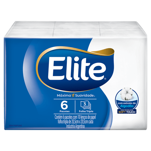 Lenço de Papel Elite Folha Tripla 60 Folhas Sem Perfume 100% Fibras Naturais Softys
