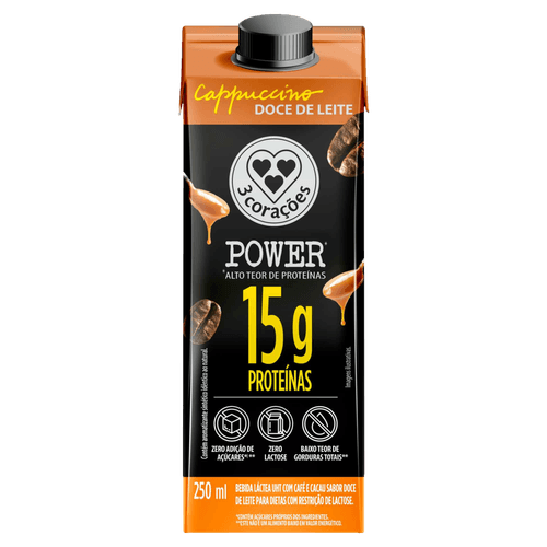 3 Corações Power Bebida Láctea Cappuccino Doce de Leite 250ml Zero Lactose 15g Proteína