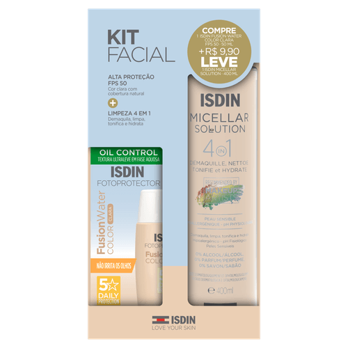 Isdin Protetor Facial Fusion Water Color Clara FPS50 50ml + Água Micelar 4 em 1 400ml