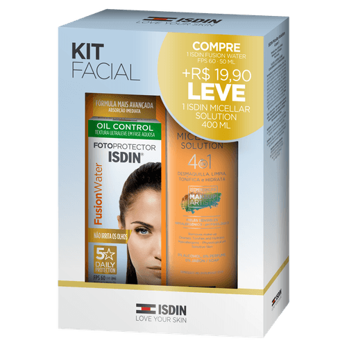Kit Protetor Solar FPS 60 Fotoprotector Isdin Fusion Water 50ml + Água Micelar Facial Isdin 400ml