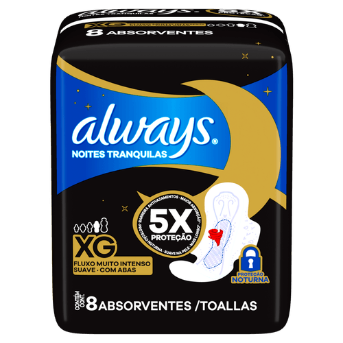 Absorvente Noites Tranquilas Suave com Abas XG 31cm 8 unidades Always
