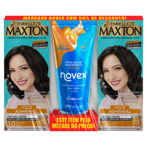 Kit 2 Tinturas Creme 3.0 Castanho Escuro Maxton + 1 Máscara de Tratamento Nutritiva Novex Óleo de Argan 200g