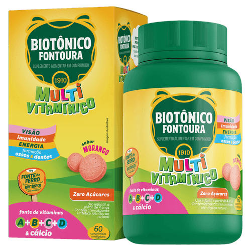 Multivitamínico Infantil Biotônico Fontoura Morango 60 Comprimidos Mastigáveis