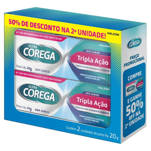 Pack Fixador de Dentadura Creme sem Sabor Ultra Corega Tripla Ação 20g - 2 Unidades
