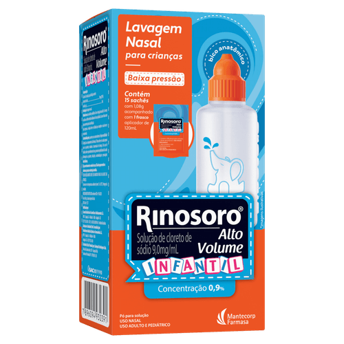 Lavagem Nasal Rinosoro Alto Volume Infantil Cloreto de Sódio 9mg Pó para Solução 15 Sachês + Lavador Nasal