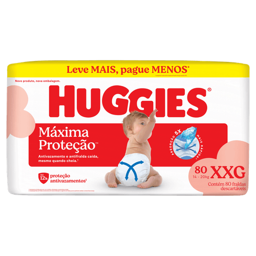 Huggies Fralda Descartável Máxima Proteção XXG 80un – 12h Antivazamento 14-20kg