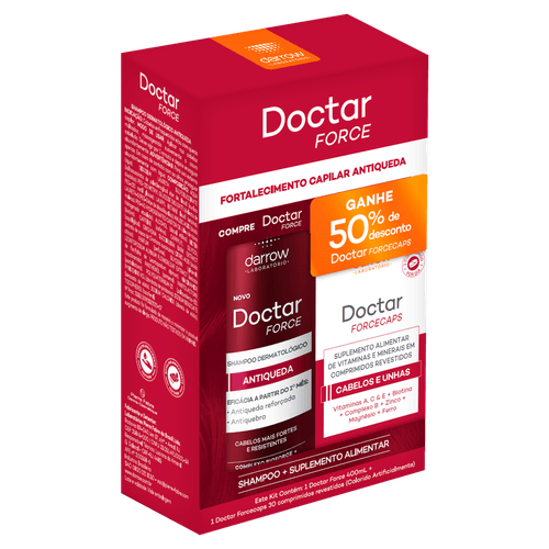 Kit Shampoo Antiqueda 400ml + Suplemento Alimentar 30 Comprimidos Revestidos Darrow Doctar Force Grátis 50% de Desconto Doctar ForceCaps