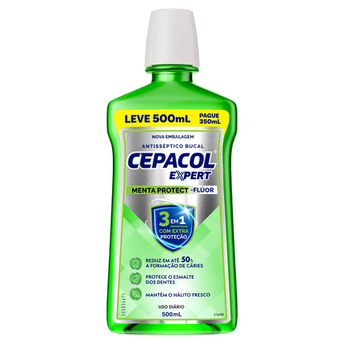 Enxaguante Bucal Cepacol Expert Menta Protect com fluor sem alcool - 500ml