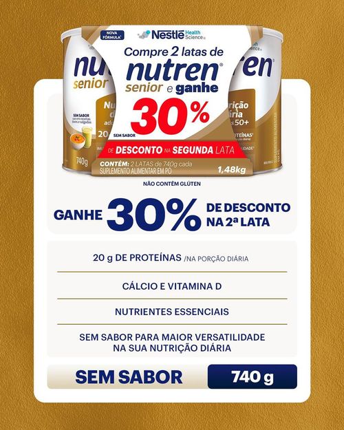 Kit Complemento Alimentar Nutren Senior Sem Sabor 1,48kg Ganhe 30% Desconto na Segunda Lata