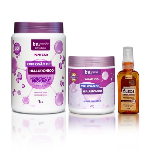 Kit com Creme de Pentear + Gelatina Explosão de Hialurônico + Óleo de Linhaça e Algodão