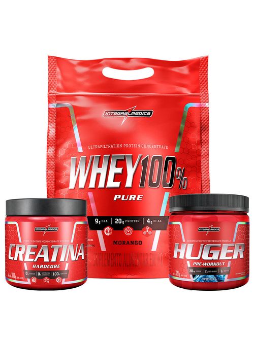 Kit Whey 100% 900g Pouch Morango + Creatina 100% Pura 300g + Huger 320g Blue Razz